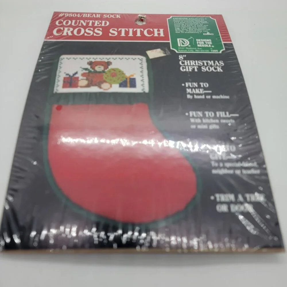 Vintage Counted Cross Stitch Christmas Bear Sock Stocking #9804 DMC Designs Gift - Picture 7 of 12
